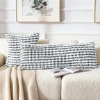Boho Chenille Tufted Pillow Cover 14x36 Inch Set of 1, Farmhouse Striped Decorative Pillow Covers Accent Fluffy Neutral Long Body Bolster Pillow for Couch Sofa Bedroom Living Room, Black White