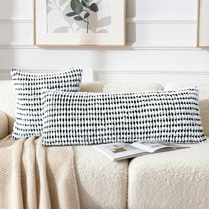 Boho Chenille Tufted Pillow Cover 14x36 Inch Set of 1, Farmhouse Striped Decorative Pillow Covers Accent Fluffy Neutral Long Body Bolster Pillow for Couch Sofa Bedroom Living Room, Black White