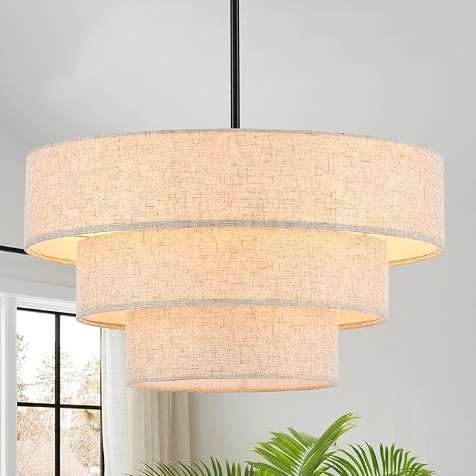 19.7" Black Drum Chandelier 4-Light Vintage Modern Chandelier Light Fixture with Linen Shade Retro Farmhouse Drum Chandeliers for Dining Room, Kitchen Island, Foyer, Entryway Bedroom