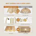 Oneach Gold Floor Lamps for Living Room, Arc Floor Lamp with Hand-Woven Wicker Shade, Foot Switch,Metal Base & Pole,Boho Rattan Standing Lamp for Bedroom Living Room,Office,Reading