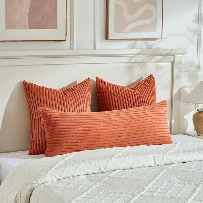 Fancy Homi Set of 2 Burnt Orange Fall Decorative Throw Pillow Covers 24x24 Inch for Couch Bed Sofa, Autumn Halloween Thanksgiving Home Decor, Soft Plush Corduroy Cute Aesthetic Cushion Case 60x60 cm