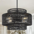 4-Light Black Boho Rattan Chandelier Light Fixture, 17.7” Hand Woven Rustic Chandeliers Farmhouse Chandelier Hanging Light for Dining Room Kitchen Island, Living Room, Foyer