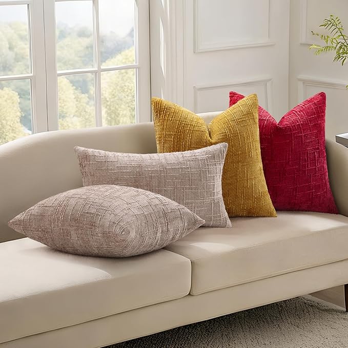 decorUhome Christmas Red Chenille Throw Pillow Covers 18x18 Set of 2 Thick Textured Slubby Couch Pillow Covers Farmhouse Accent Modern Neutral Decorative Pillow Cases for Bed Sofa Living Room
