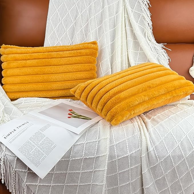 12x20 Throw Pillow Covers Set of 2, Decorative Faux Fur Covers for Bed, Couch Soft Fluffy Pillow Cover with Velvet Back for Living Room, Neutral Home Décor Accent for Sofa - Yolk Yellow