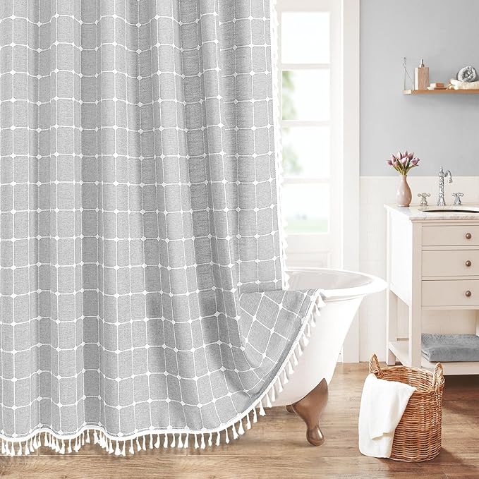 MitoVilla Grey Boho Shower Curtains for Modern Farmhouse Bathroom Decor, Country Thick Polyester Linen Fabric Shower Curtain, Rustic Tassel Cloth Shower Curtain, 72 x 72, Light Grey