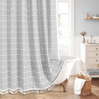 MitoVilla Grey Boho Shower Curtains for Modern Farmhouse Bathroom Decor, Country Thick Polyester Linen Fabric Shower Curtain, Rustic Tassel Cloth Shower Curtain, 72 x 72, Light Grey