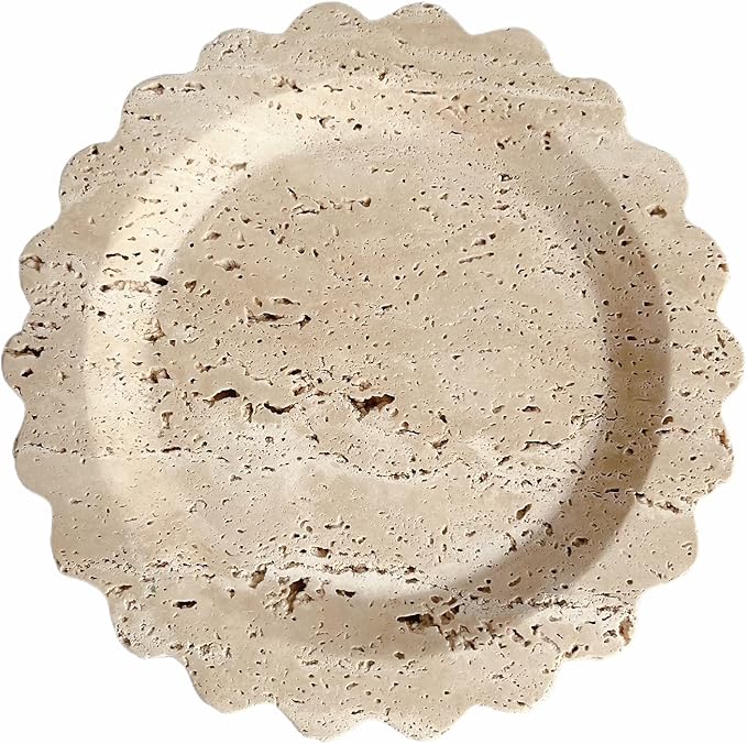 Travertine Marble Tray Round Scalloped Tray Small Serving Platter for Counter, Bathroom, Kitchen, Nightstand, Jewelry Ring Dish Holder (Beige Travertine)