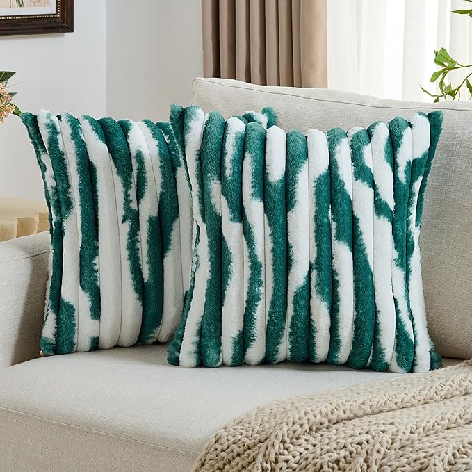 FUTEI Green Decorative Throw Pillow Covers 20x20 Inch Set of 2, Soft Tie-Dye Faux Rabbit Fur Striped Texture Cushion Case, Modern Home Decor for Couch Bed Living Room