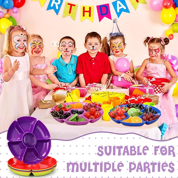 Zhehao 6 Pcs Plastic Divided Serving Trays with 60 Pcs Disposable Fork, 7 Compartments Round Chip Dip Plate, Petal Shape Platter, 10.6'' Snacks Serving Dish for Party Candy Nuts Fruits (Classic Color)