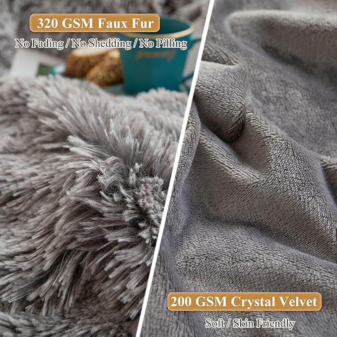 XeGe Fluffy Faux Fur Pillow Cases, Plush Shaggy Ultra Soft Fuzzy Pillowcases, Crystal Velvet Furry Decorative Pillow Shams with Zipper Closure, Set of 2(Standard, Light Gray Ombre)