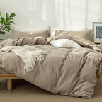 MooMee Bedding Duvet Cover Set 100% Washed Cotton Linen Like Textured Breathable Durable Soft Comfy (Solid Light Camel, Super King 108"x98")