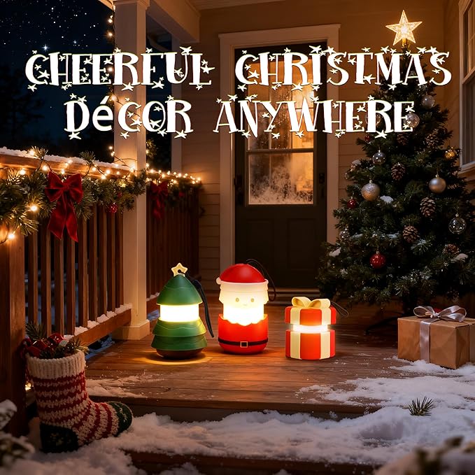 EverBrite Christmas Lantern Set, Holiday Decorations & Gifts for Women and Men, 5 Light Modes AAA Batteries Included, Indoor & Outdoor Use, 3-Pack Santa Claus + Christmas Tree + Gift Box (1 Each)