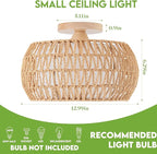 Rattan Chandelier Boho Ceiling Light Fixtures Drum Flush Mount Ceiling Light Small Woven Chandelier for Kitchen Bedroom Hallway Nursery Light Fixture