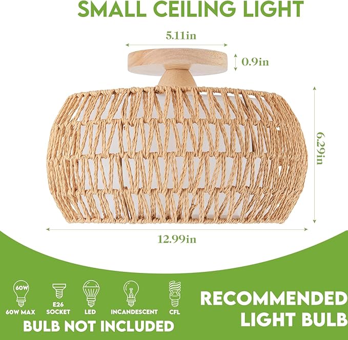 Rattan Chandelier Boho Ceiling Light Fixtures Drum Flush Mount Ceiling Light Small Woven Chandelier for Kitchen Bedroom Hallway Nursery Light Fixture