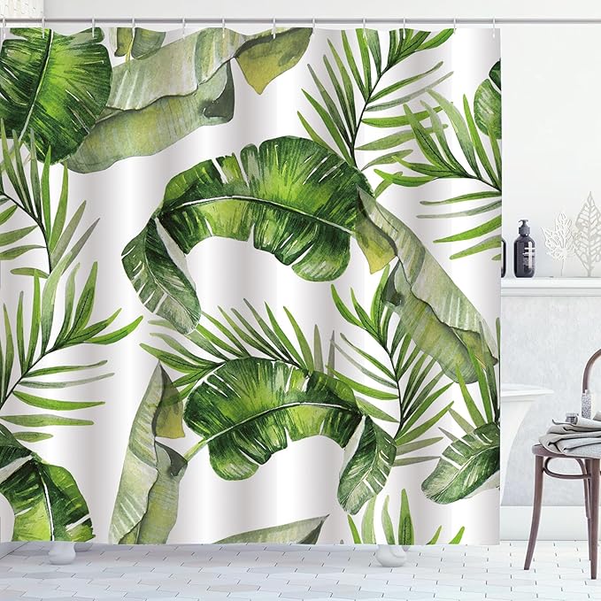 Tropical Leaves Shower Curtain Green Palm Banana Leaf Plant Botanical Shower Curtains for Bathroom Waterproof Polyester Fabric Bathroom Curtain 72 x 72 Inch with 12 Hooks