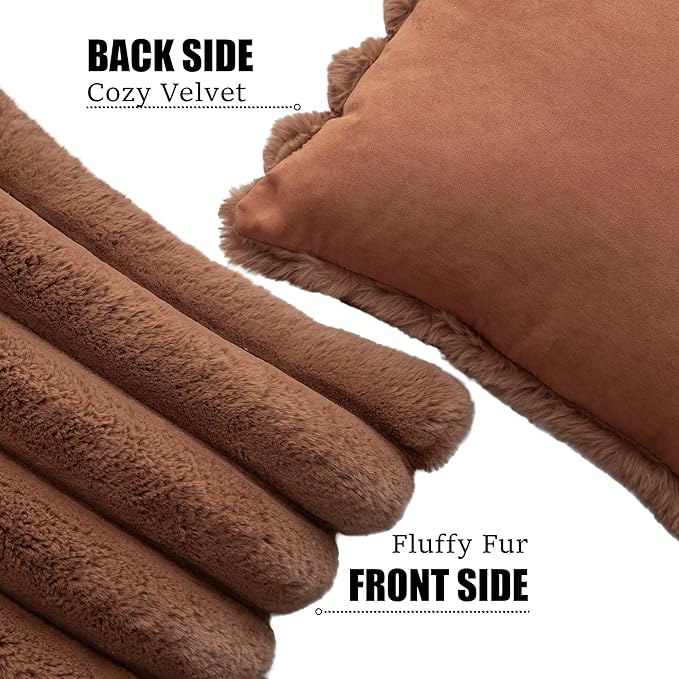 Neelvin Brown Faux Fur Cozy Soft Stripe Decorative Throw Pillow Covers 20x20 inch Set of 2,Velvet Pillowcase Cushion Case for Sofa Couch