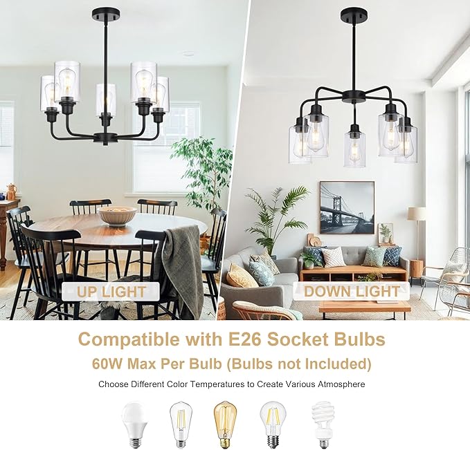 5-Light Modern Black Chandelier with Clear Glass Shades, E26 Base Farmhouse Pendant Light Fixture, Adjustable Swivel Heads Ceiling Lighting, Industrial Chandelier for Dining Room Kitchen Hallway