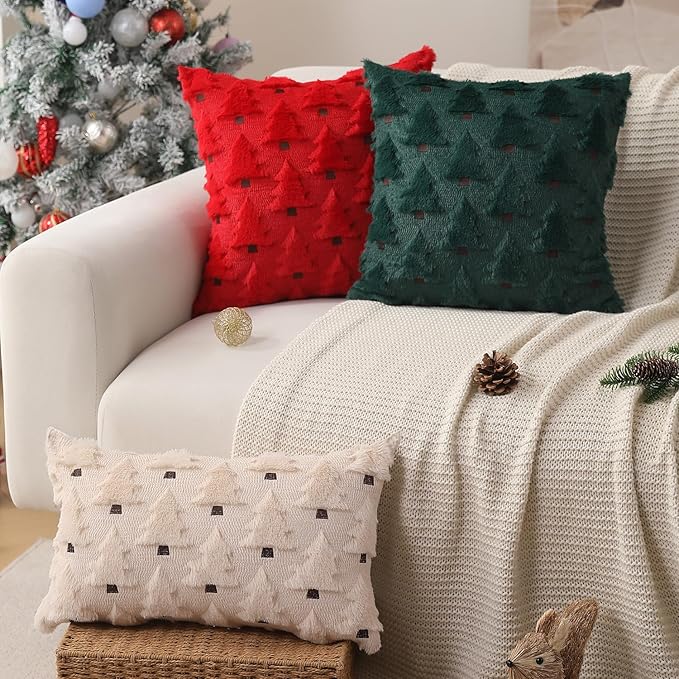 Christmas Pillow Covers 12x20 inch Set of 2 Xmas Decorations Soft Plush Faux Fur Wool Beige Christmas Tree Throw Pillow Cases Winter Holiday Decor for Sofa Living Room PT-002C12
