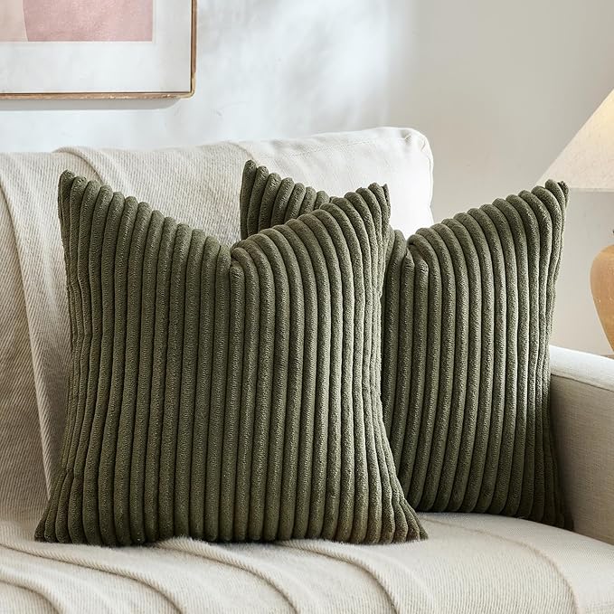 Fancy Homi Set of 2 Olive Green Decorative Throw Pillow Covers 18x18 Inch for Couch Bed Chair, Aesthetic Rustic Boho Home Decor, Soft Fuzzy Double Sided Thick Corduroy Cute Textured Cushion Case 45cm
