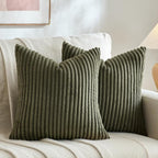 Fancy Homi Set of 2 Olive Green Decorative Throw Pillow Covers 18x18 Inch for Couch Bed Chair, Aesthetic Rustic Boho Home Decor, Soft Fuzzy Double Sided Thick Corduroy Cute Textured Cushion Case 45cm