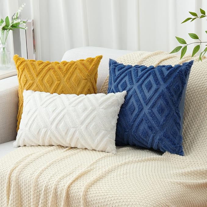 Pallene Navy Blue Throw Pillow Covers 20x20 Set of 2, Soft Plush Faux Fur Decorative Couch Pillow Covers for Sofa Bed Living Room Pillow Cases with 3D Diamond Pattern