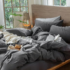 MooMee Wavy Striped Duvet Cover Set 100% Washed Cotton Linen Like Textured Breathable Durable Soft Comfy (Charocal Grey, Super Queen 90"x98")