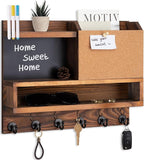 Key Holder for Wall Mount with Mail Organizer, Farmhouse Key Holder for Wall with Shelf, Chalkboard&Corkboard, Entryway Organizer 11 Metal Hooks, Decorative Natural Pine Wood, 14.6*11.1*3.3”, B-Brown