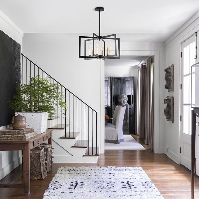 Black Chandelier, Dining Room Light Fixture Geometric Metal Modern Industrial Chandelier Lighting for Farmhouse Living Room Entryway Kitchen (E12 Bulbs Not Included, 6 Light, Black Gold)