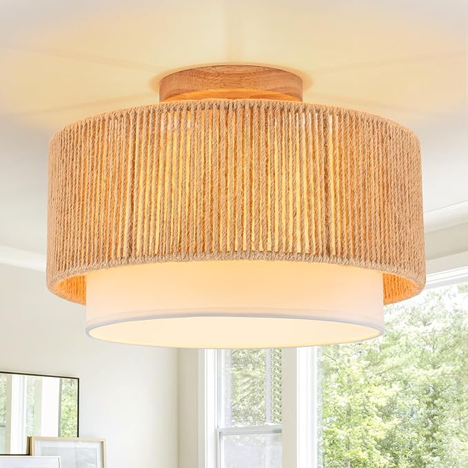 SineRise 12'' Rattan Flush Mount Ceiling Light Fixture,2-Tier Drum Hand-Woven Boho Flush Mount Ceiling Light,Farmhouse Light Fixture for Living Room,Kitchen,Bedroom Foyer Entryway ect.