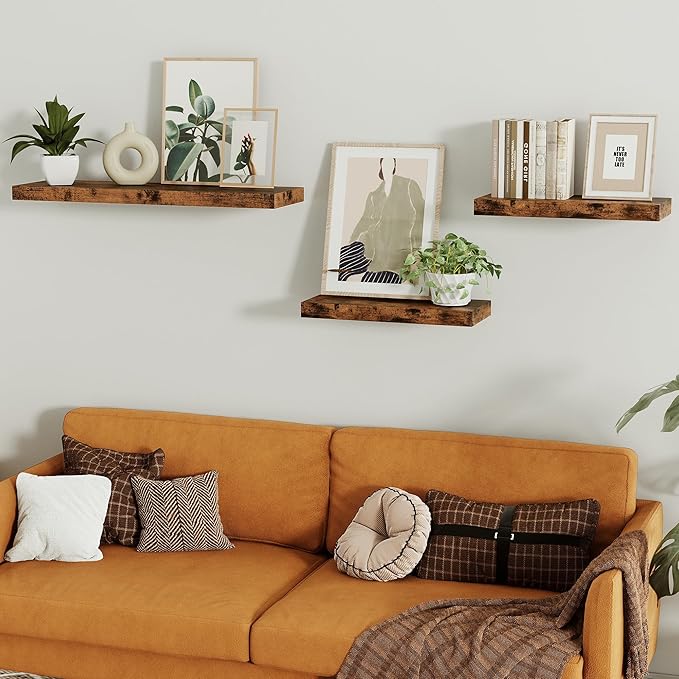 Vivelove Floating Shelves for Wall, 16 inchs x 6.7” deep x 1.4” Bathroom Shelf Bedroom, Living Room, Kitchen, Farmhouse Decor, Rustic Wood Wall Shelves with Invisible Brackets - Set of 2, Rustic Brown