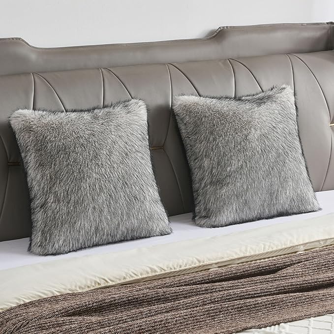 FUTEI Beige Decorative Throw Pillow Covers 18x18 Inch Set of 2,Soft Faux Raccoon Fur Textured Cushion Case,Modern Home Luxurious Decor for Couch Bed Living Room