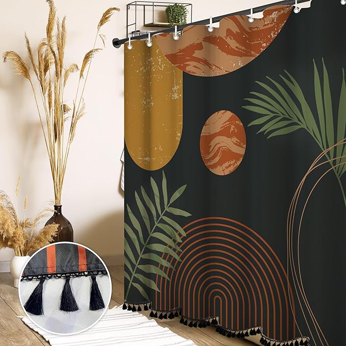 Boho Mid Century Leaf Shower Curtain Set,Arch Sun Design,Minimalistic Leaves Pattern,Waterproof and Luxurious Fabric-12 Hooks(Coffee Brown-60" x 72")