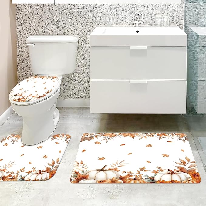 MEHOFOND 4pcs Fall Pumpkin Maple Leaf Shower Curtain Set, Autumn Leaves Harvest Thanksgiving Watercolor Shower Curtain Sets, Fall Bathroom Decor with Non-Slip Rugs Toilet Lid Cover and Bath Mat