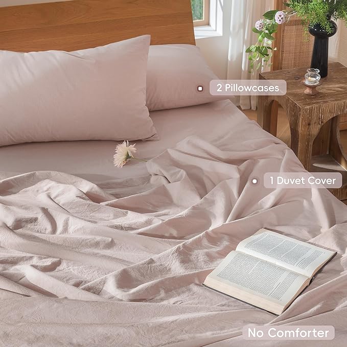 MooMee Bedding Duvet Cover Set 100% Washed Cotton Linen Like Textured Breathable Durable Soft Comfy (Heathered Greyish Pink, Queen 90"x90")