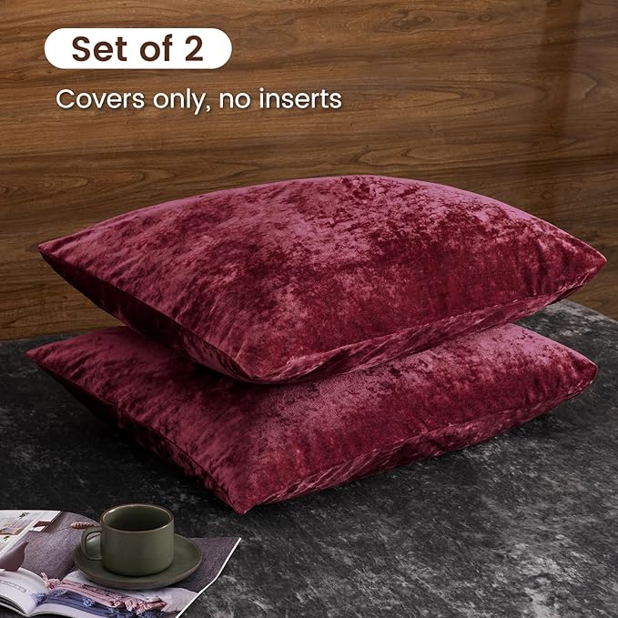 PHF Truly Velvet Pillowcases King Size, No Insert, 2 Pack Ultra Soft Breathable Pillow Shams Covers with Envelope Closure, 20" X 36" Luxury Cozy Warm Fuzzy Flannel, Wine Red