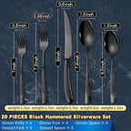 Lemeya 20-Piece Hammered Black Silverware Set for 4 with Serrated Forging Knives,18/10 Stainless Steel Modern Flatware Set,Unique Cutlery Set Spoons and Forks Set,Mirror Polished,Dishwasher Safe