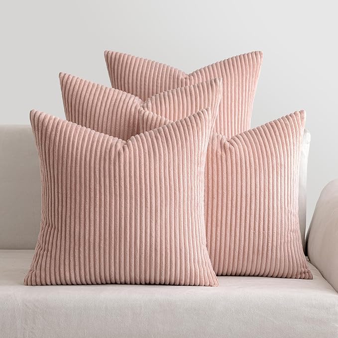 MIULEE Boho Farmhouse Throw Pillow Covers 18x18 Inch Set of 4 Mordern Nordic Cushion Covers Soft Corduroy Home Decor for Couch Bed Sofa Living Room Pink