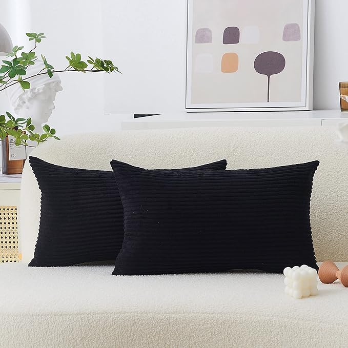 Home Brilliant Rectangle Throw Pillow Covers Fall Decor Super Soft Striped Corduroy Solid Cushion Covers Oblong Throw Pillowcases for Lumbar, 12 x 20 inch, Black