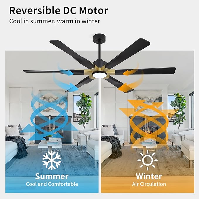 78 Inch Ceiling Fan with Lights and Remote Control, 6 Reversible ABS Blades, 6-Speed Noiseless DC Motor with 4.5" / 12" / 24" Downrods for Bedroom Dining Living Room, Gold and Black