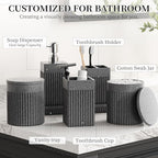 6-Piece Bathroom Set Grey - Stone Textured Resin Bathroom Organizer with Soap Dispenser, Toothbrush Holder, Vanity Tray, Tumbler & Cotton Swab Jars for Small Spaces