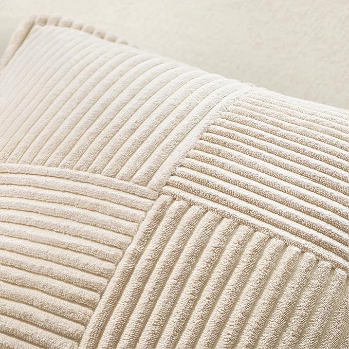 MIULEE Beige Pillow Covers 12x12 inch with Splicing Set of 2 Super Soft Boho Striped Christmas Pillow Covers Broadside Decorative Textured Throw Pillows for Couch Cushion Livingroom