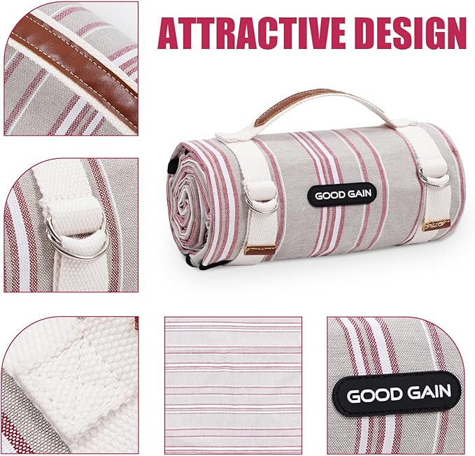 G GOOD GAIN Waterproof Picnic Blanket Portable with Carry Strap for Beach Mat or Family Outdoor Camping Party（Oat）