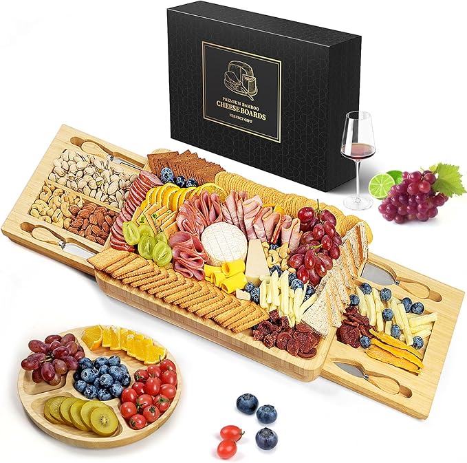 Bamboo Cheese Board Set with Marble, Large Charcuterie Boards and Knife Set, Cheese Platter with 2 Drawers, Include Round Fruit and Meat Cutting Board, Housewarming Gift