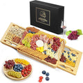 Bamboo Cheese Board Set with Marble, Large Charcuterie Boards and Knife Set, Cheese Platter with 2 Drawers, Include Round Fruit and Meat Cutting Board, Housewarming Gift