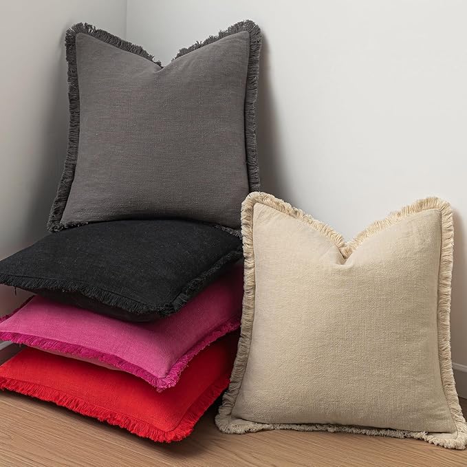 MIULEE Decorative Throw Pillow Covers Neutral Linen Fringe Throw Pillows Euro Shams Set of 2 Hot Pink Boho Farmhouse Cushion Covers for Couch Sofa Bed Living Room Spring Home Decor 24x24 Inch