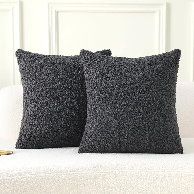FUTEI Charcoal Throw Pillow Covers 24x24 Inch Set of 2,Furry Faux Fur Teddy Boucle Textured Cushion Covers,Soft Fluffy European Pillow Shams,Home Decor for Couch Bed Living Room Office Car