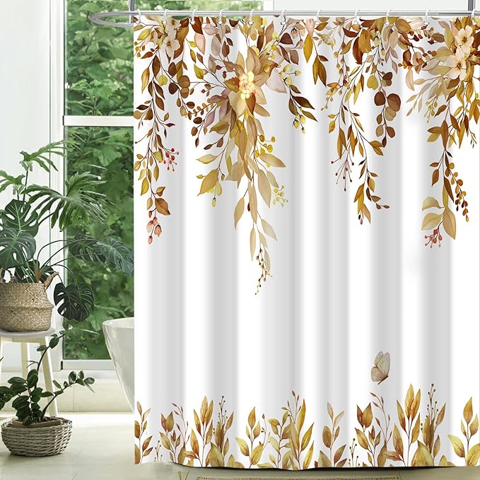 Eucalyptus Shower Curtain, Brown Watercolor Leaves with Floral Botanical Bathroom Decor, Waterproof Fabric Bath Curtain Set with Hooks, 72x72 Inches