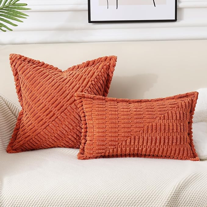 decorUhome Decorative Rust Fall Throw Pillow Covers 12x20 Set of 2 with Splicing, Boho Lumbar Soft Neutral Corduroy Broadside Twill Pillow Covers for Couch Bed Sofa Living Room