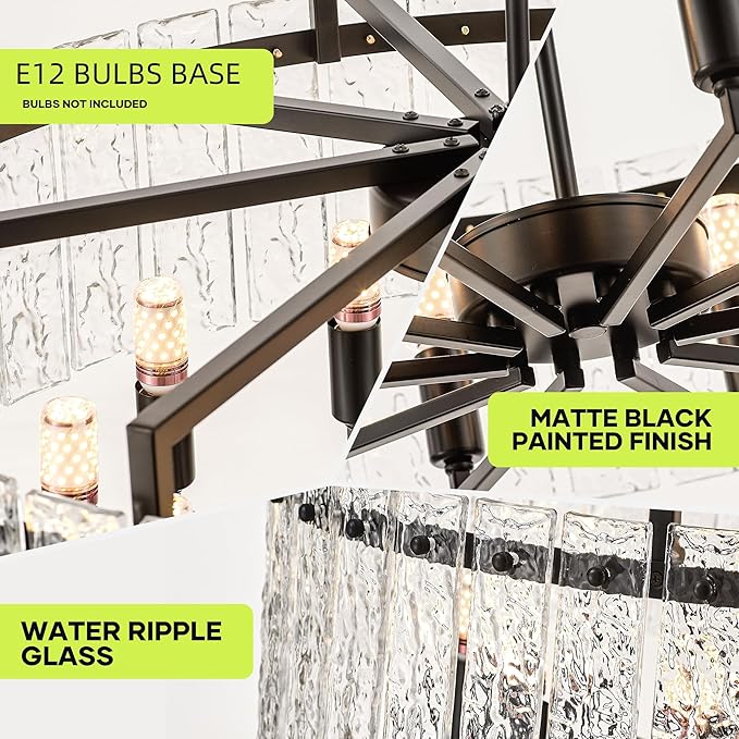 Black Crystal Chandeliers for Dining Room 10-Light, 29.5” Modern Water Ripple Glass Light Fixture, Farmhouse Round Lighting for Kitchen Island, Bar Table