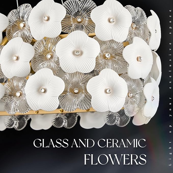 Modern Flower Glass Chandeliers for Dining Room L36” Oval Ceiling Pendant Light Fixture Luxury Gold 8-Light Contemporary Chandelier for Living Room Kitchen Island Bar, E12
